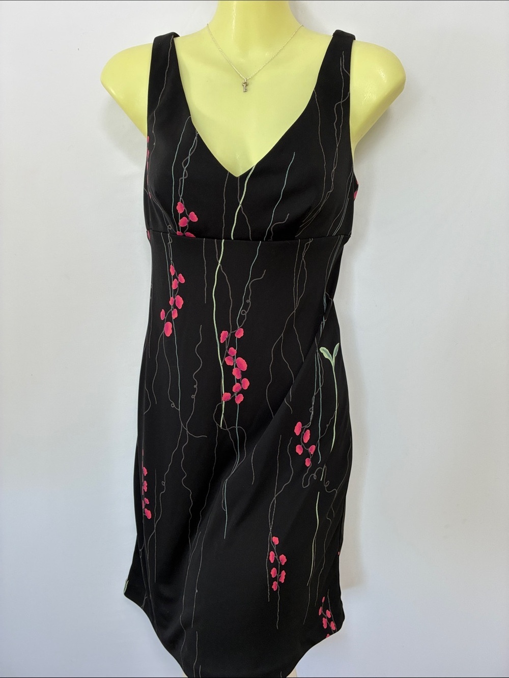 BCBG Dress Vintage Black Slip Dress with Pink Floral Vine Detail Excellent Small
